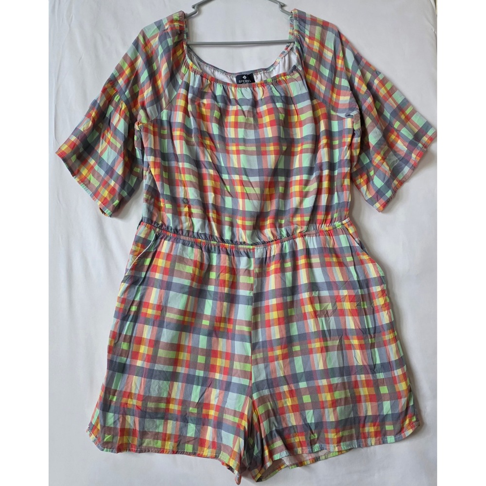 Sperry Top-Sider Women XL Plaid Romper Multi Color Rayon Short Sleeve Pocketed